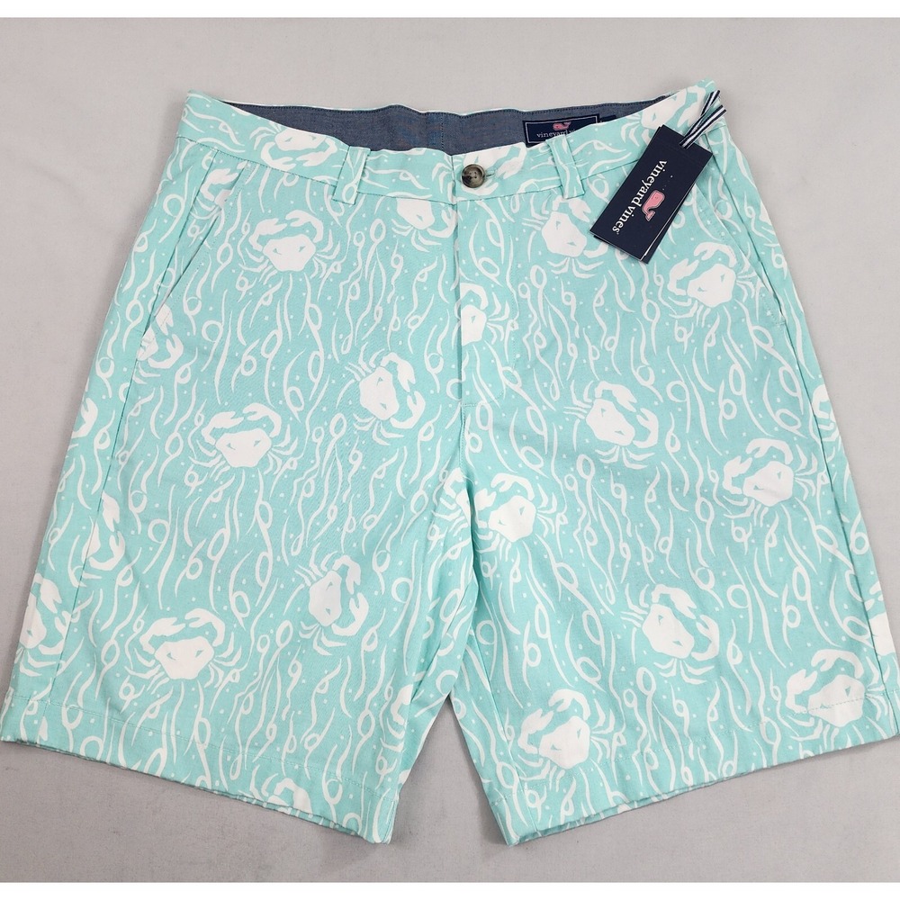 Vineyard Vines Mens 32 Breaker Shorts Blue White Crab Print 9 Inch Inseam NWT